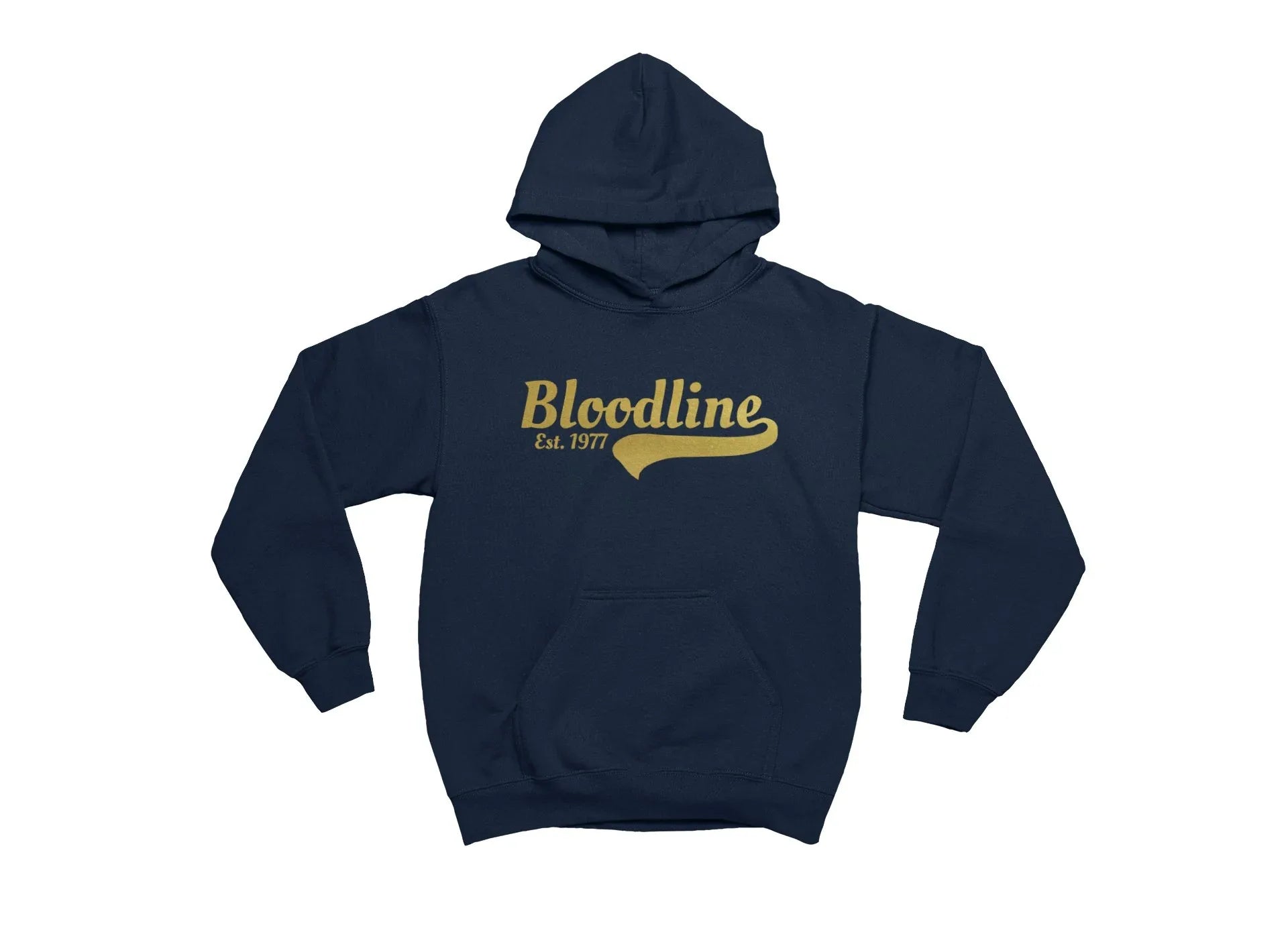 Navy blue hoodie with 'Bloodline Est. 1977' text in gold on a white background